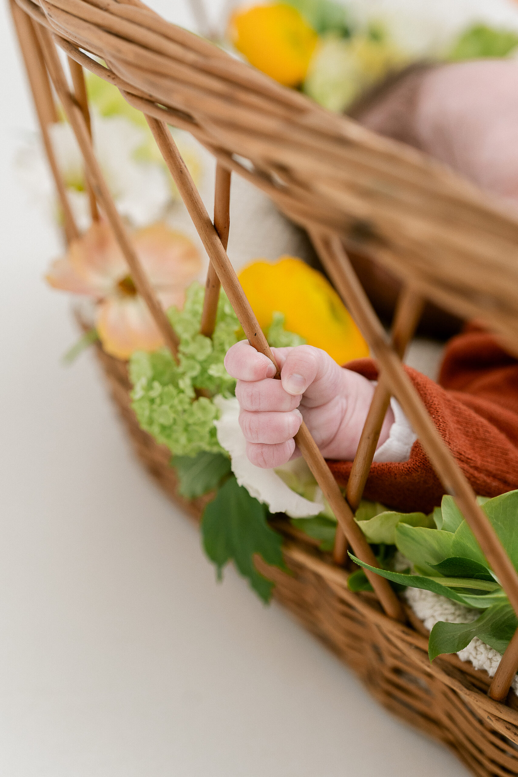 photographe naissance Reims – main de bébé attrapant un panier fleuri
